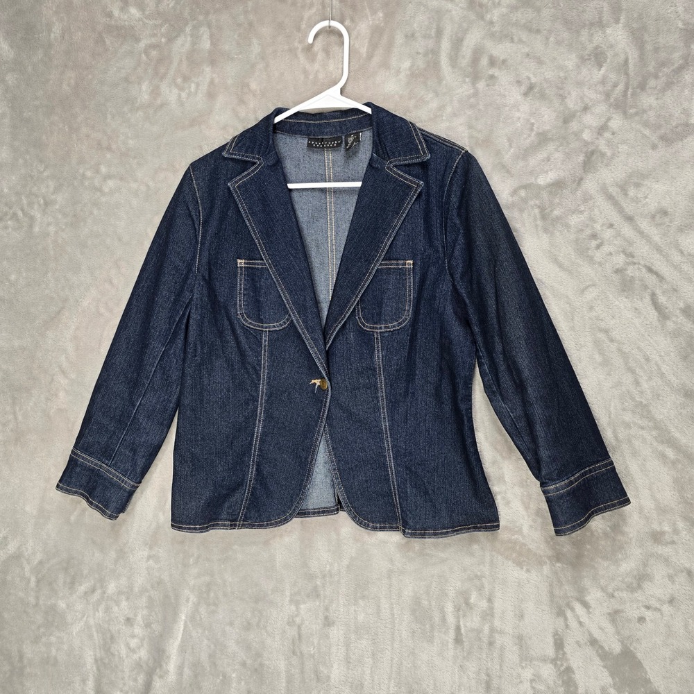 Apostrophe Stretch Womens Blue‎ Denim Blazer Jacket Size 8 Button Front Casual